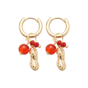 Elegant gold peanut charm hoop earrings with red crystal beads in neo-Chinese vintage style