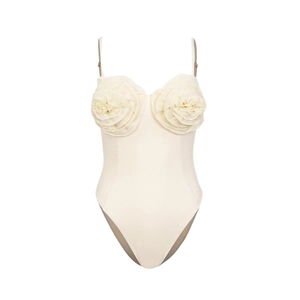 Elegant off-white one-piece swimsuit with 3D rose flower applique and thin straps