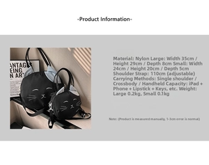 Detailed size chart for black cat-themed nylon tote bags showing large and small dimensions