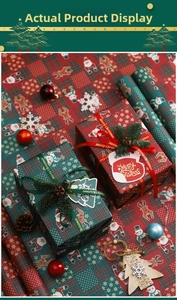 Detailed view of Christmas wrapping paper with festive patterns, ribbons, and gift box décor