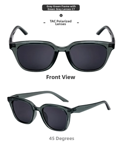 Detail view of grey-green polarized TAC sunglasses with transparent frame texture
