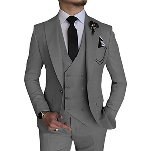 Detail of gray three-piece suit with double-breasted vest and refined fabric texture