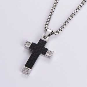 Men's stainless steel cross necklace featuring black carbon fiber and three inlaid gems