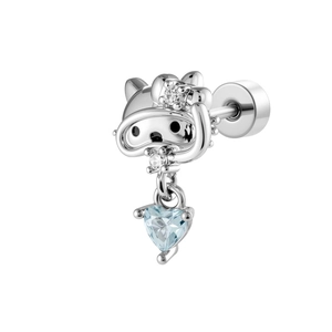Kawaii silver Kuromi stud earring with blue heart gem and sparkling crystals