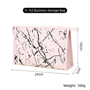 Detailed view of pink marble PU leather makeup bag with 24x16x7cm size dimensions