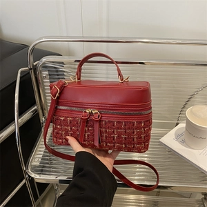 Vintage Tweed PU Leather Crossbody Bag Women Retro Colorblock Vanity Box Bag With Top Handle Gold Hardware