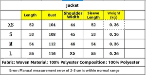 Size guide for green sequin jacket with chest and shoulder measurements in centimeters