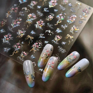 3D floral nail stickers with holographic butterfly designs and ribbons for manicure