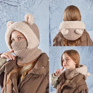 Winter children's hooded scarf with bear ears and thick fleece lining for wind protection