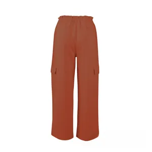 Detailed back view of high waist drawstring rust red wide leg cargo trousers in cotton linen