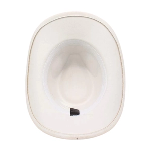 Internal view of cream western cowboy hat showing sweatband and washing label