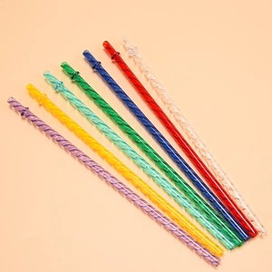 Close-up of eight colorful reusable spiral Tritan straws with anti-drop buckle stoppers