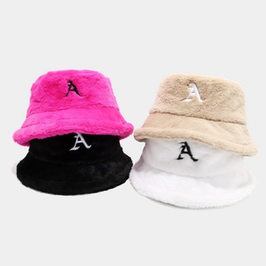 Stylish winter faux fur bucket hat with A-letter embroidery available in multiple colors