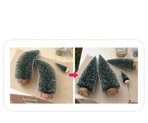 Mini artificial Christmas tree with snowy tips and natural wooden base details