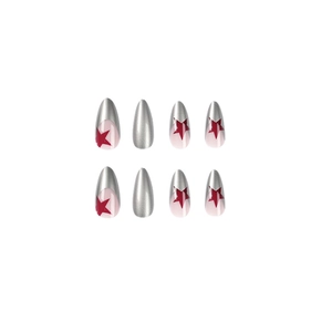 Metallic silver almond press-on nails set with red star designs in 8-piece set