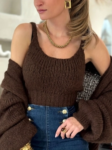 Brown knitted cardigan set with matching camisole and high-waist jeans for women