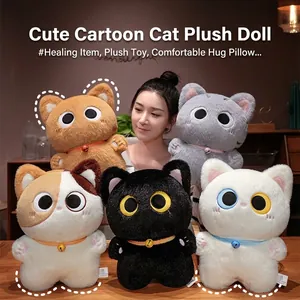 Cute cartoon cat plush toys with big eyes and collars in orange grey and white colors