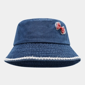 Blue denim bucket hat for women with checkered bow decoration and white lace trim detail