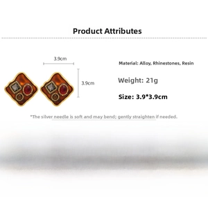 Detail view of retro geometric resin earrings with size 3.9cm and rhinestone specs