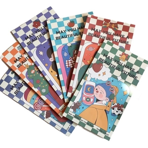 Christmas gift bags with checkerboard patterns and colorful cartoon holiday illustrations