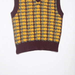 Retro plaid texture knit vest in yellow and burgundy colors with rib-knit hem
