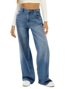 Front full view of women high waist wide leg denim jeans in blue wash with white crop top