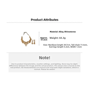 Detailed view of rhinestone necklace set specifications and measurements in yellow