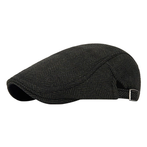 Classic herringbone wool beret for men in dark olive green with adjustable buckle
