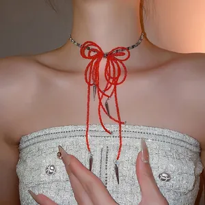 Red Bowknot Beaded Choker Necklace With Silver Tone Metal Spikes Tassel Glass Crystals Sweet Cool Style For Women