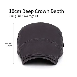 Dark charcoal washed cotton flat cap featuring 10cm deep fit for men and women