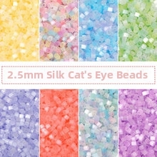 Macro view of 2.5mm silk cat-eye seed beads in 8 assorted pastel colors for DIY jewelry