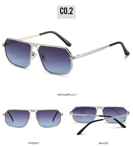 Three-way view of fashion sunglasses with silver metal frame and blue-purple gradient lenses