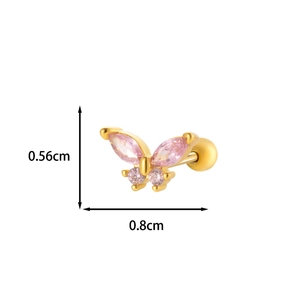 Detail showing pink butterfly zircon earring size 0.8cm by 0.56cm with gold base