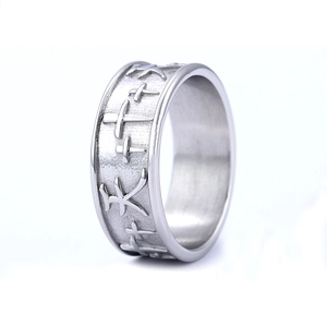 Vintage stainless steel cross relief ring with textured finish in silver metallic color