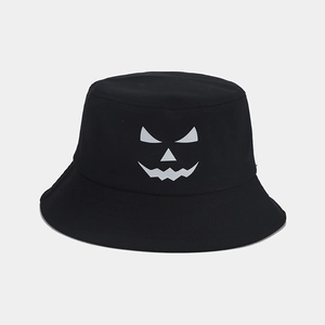 Luminous black Halloween bucket hat featuring a white pumpkin ghost face print