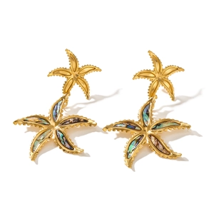 Golden starfish dangle earrings with iridescent abalone shell inlays on white background
