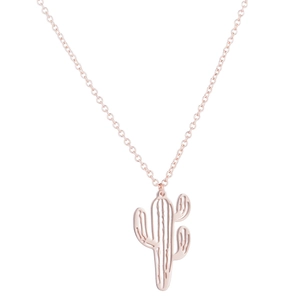 Detail of rose gold hollow cactus pendant necklace with delicate link chain for women