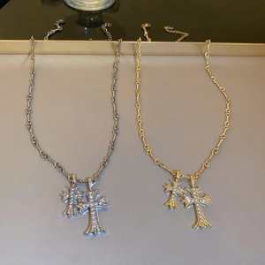 Cross Pendant Necklace Alloy Rhinestone Gold Plated Double Layer Gothic Elegant Jewelry For Women