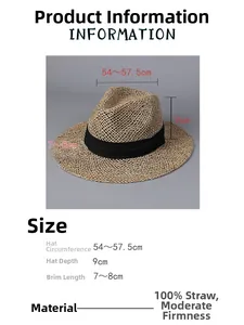 Size chart showing dimensions for a breathable 100% natural straw fedora hat with black band