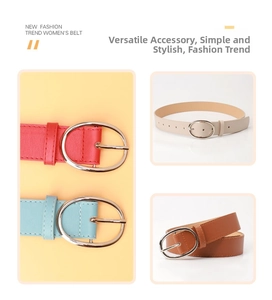 Detail of high-quality PU leather belts with oval metal buckles in four fashion colors