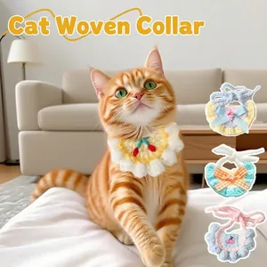 Handmade knitted cat collar with cherry and plaid patterns for small pet neck decoration