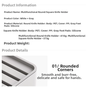 Detail view of white kitchen knife holder with PET material and smooth rounded corners