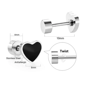 Detail view of heart stud earrings showing 6mm width, 10mm length and screw-on back mechanism
