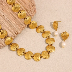 Collier Et Boucles D'oreilles Coquille Saint Jacques Pour Femmes Acier Inoxydable Plaqué Or 18K Künstliche Perle Style Vintage