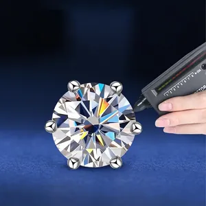 Classic six-prong 925 silver moissanite stud earrings with brilliant fire and diamond tester