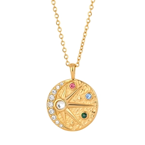 Collier pendentif pièce céleste dorée avec étoile et cristaux de zircon colorés