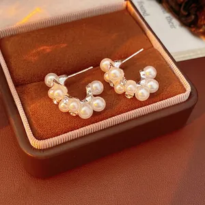 C-Shaped Artificial Pearl Rhinestone Hoop Earrings French Vintage Elegant Cluster For Women 925 Sterling Silver Earring Post