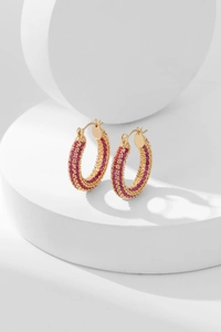 Close-up of gold hoop earrings with pavé-set red micro-zirconia on geometric display