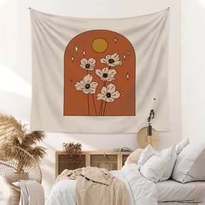 Bohemian tapestry wall hanging with terracotta arch and floral sun design for cozy bedroom