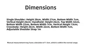 Size chart for lace bow canvas bags showing dimensions for shoulder, handbag, and crossbody styles